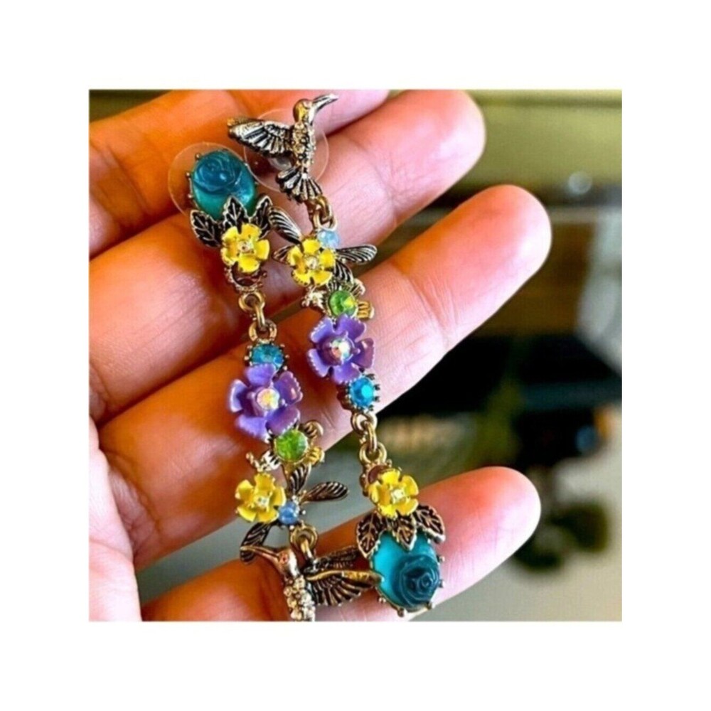 Rhinestone Flower VTG Hummingbird Dangle Earrings